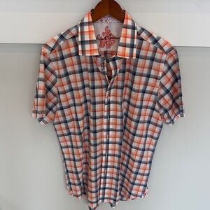 Robert Graham Men's Shot Sleeve Plaid Shirt in Orange and Blue sz L